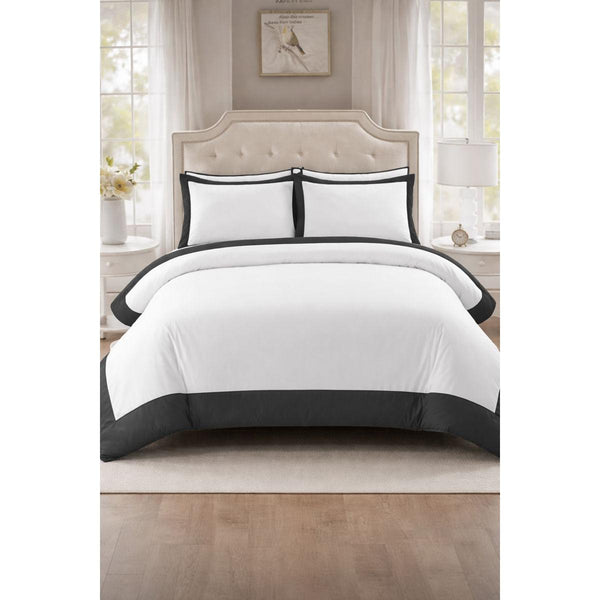Monarch Polycotton Duvet Cover Set White with Border Trim in Black Grey Latte Charcoal Machine Washable Luxury Bedding