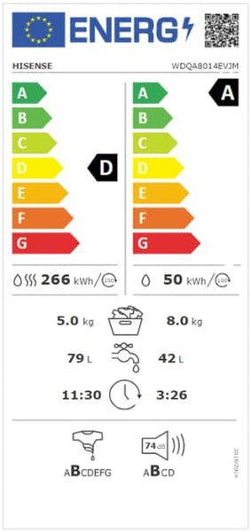 Hisense WDQA8014EVJM 60Cm Freestanding 8 KG Front Load Washer Dryer - 1400 RPM - Pure Steam - Purejet - Pause and Add - Inverter Motor - White