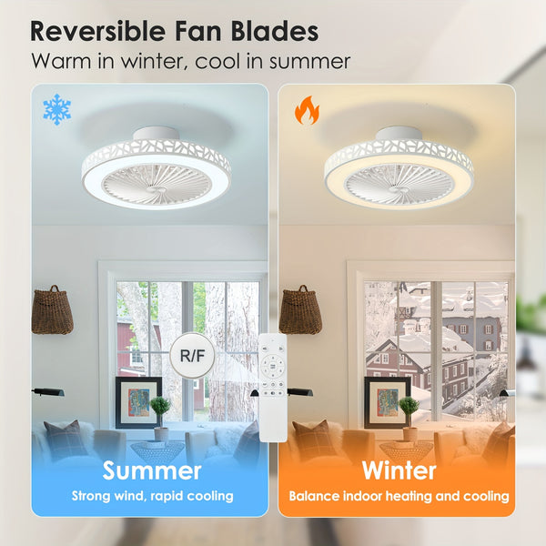 Ceiling Fan with Lights, 48.26cm Bladeless Enclosed Ceiling Fan Iron 48W Low Profile Flush Mount Fans 6 Speeds Dimmable 3000K-6500K Quiet Timing Bedroom Fan Light