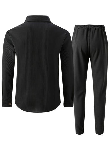Men's Two-Piece Set, Autumn-Winter Casual Fashion Beach Dual Pocket Turn Collar Long Sleeve Shirt + Trousers Outfit for Fall/Winter Hawaiian Vacation