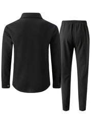 Men's Two-Piece Set, Autumn-Winter Casual Fashion Beach Dual Pocket Turn Collar Long Sleeve Shirt + Trousers Outfit for Fall/Winter Hawaiian Vacation