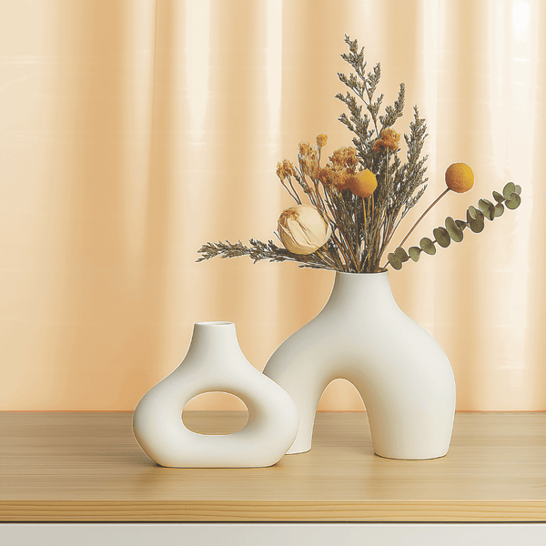 Nordic Style Ceramic Vase Set of 2 – Modern White Decorative Vases for Home, Shelf & Table Décor