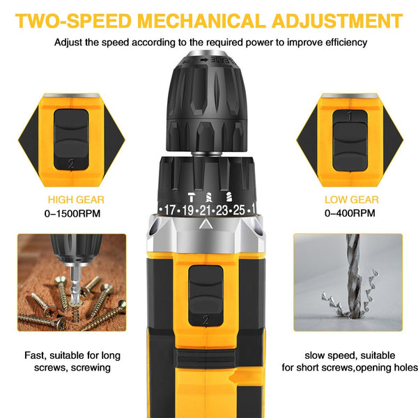 Cordless Combi Hammer Impact Drill Driver Electric Screwdriver & 2 Battery Electric Screwdriver Set 25+3 Clutch, Handheld Cordless Hammer Drill, 29 PCS Drill Bits, LED Light for Home and Garden DIY Project
