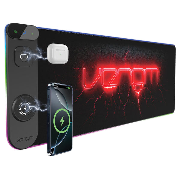 Venom RGB Gaming Desk Mat with Wireless Charging, USB-C & USB-A Ports, 800 x 300 mm Extended Mouse Pad for PC & Console Gaming