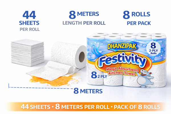 DHANZIPAK Kitchen Roll – 8 Pack, 2-Ply Mega Absorbent Paper Towels, 44 Sheets Per Roll, 8m Length Each
