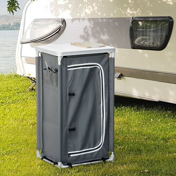 Outsunny Outdoor 3-Shelf Camping Cupboard Kitchen Station Cook Table Grey
