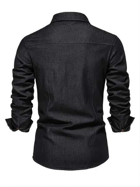 New Men'S Denim Shirt, Casual Solid Color Men'S Long Sleeve Dress Shirt
