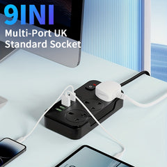 9-in-1 Power Socket Surge Protector, Power Socket/power Board/power Strip, 3250W, 13A, 2M Extension Cord, Portable Power Socket, Overload Protection, 3 AC Power Sockets, 6 USB Ports, Suitable For Home, Kitchen, Office Or Hotel Use