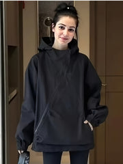 Black Casual Outdoor Hoodie with a Retro Slant Zipper for Women - Lightweight And Loose Fit, Perfect for Spring And Autumn, Machine Washable, Versatile Casual Jacket And Sweatshirt
