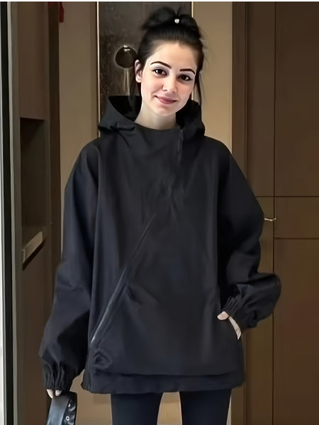 Black Casual Outdoor Hoodie with a Retro Slant Zipper for Women - Lightweight And Loose Fit, Perfect for Spring And Autumn, Machine Washable, Versatile Casual Jacket And Sweatshirt