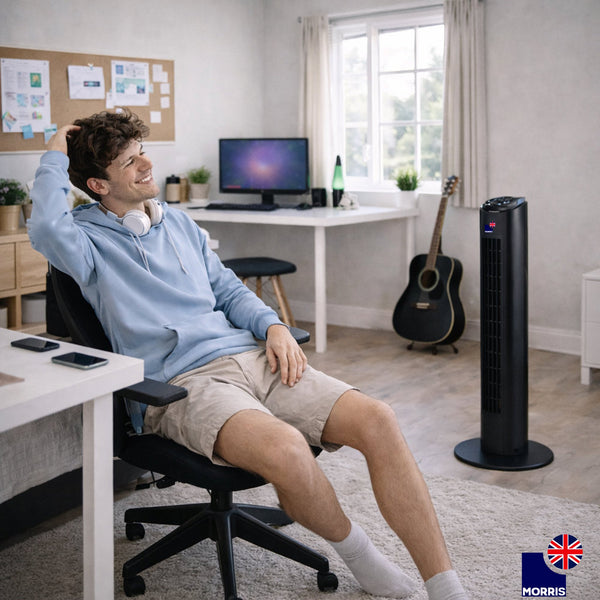 Morris Tower Fan 32 Inch Bladeless Design 3 Speeds Oscillating Remote Control Quiet 45dB for Bedroom Office 7.5H Timer