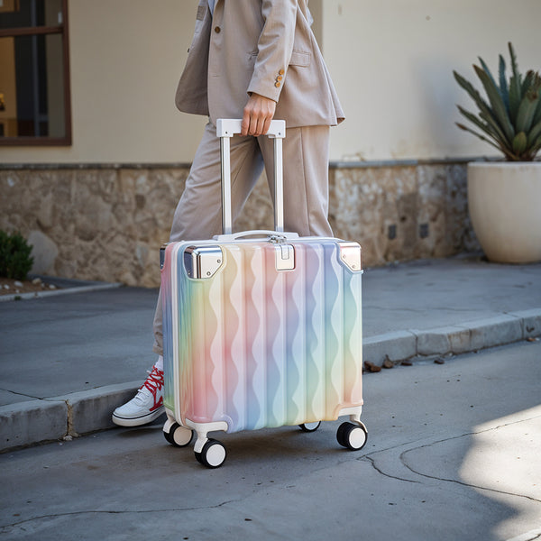 Cabin Luggage, Multifunctional Suitcase, Travel Suitcase, Carry-on Luggage with Cup Holder, Stand, Hook, Dreamy Rainbow Gradient Luggage 18 Inch, Lightweight & Durable Trolley Case with Spinner Wheels