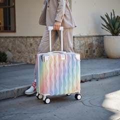 Cabin Luggage, Multifunctional Suitcase, Travel Suitcase, Carry-on Luggage with Cup Holder, Stand, Hook, Dreamy Rainbow Gradient Luggage 18 Inch, Lightweight & Durable Trolley Case with Spinner Wheels