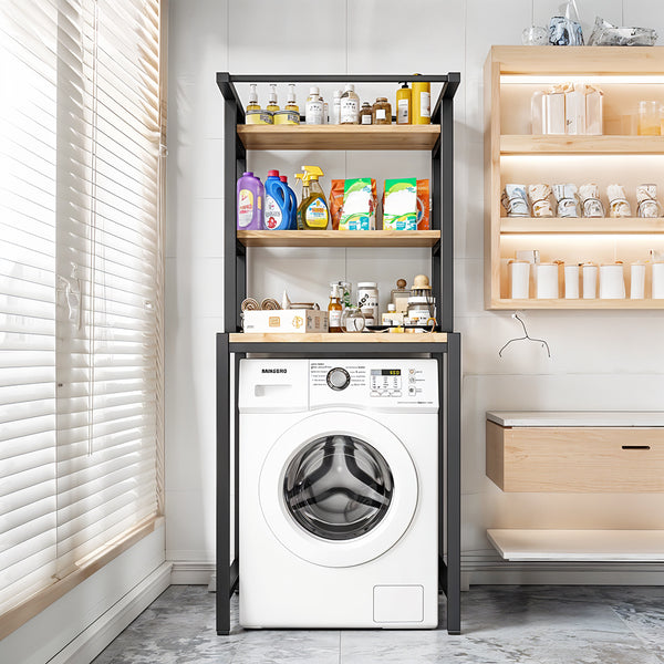 3-Tier Over Toilet Storage Rack, Freestanding Bathroom Laundry Organizer Shelf, Multi-Layer Storage Cabinet for Towels, Detergent, and Plants, White/Black