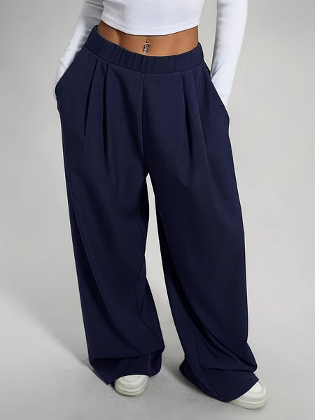 2pcs Women'S Wide-Leg Pants - High-Waisted, Elastic Waistband, Solid Color (Pink & Navy Blue), Loose Fit, Comfortable for Spring/Summer/Fall, Casual & Elegant Style, Allseason Pants | Highwaisted Pants | Elastic Waistband Pants