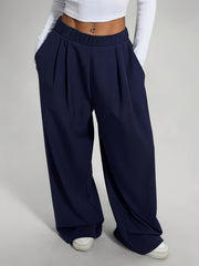 2pcs Women'S Wide-Leg Pants - High-Waisted, Elastic Waistband, Solid Color (Pink & Navy Blue), Loose Fit, Comfortable for Spring/Summer/Fall, Casual & Elegant Style, Allseason Pants | Highwaisted Pants | Elastic Waistband Pants