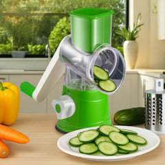 Rotary Vegetable Shredder 3 in 1 Rotary Cheese Grater Round Vegetable Mandoline Blades Handheld Fruit Vegetable Slicer Shredder for Fruit Nut and Vegetable Grate Green