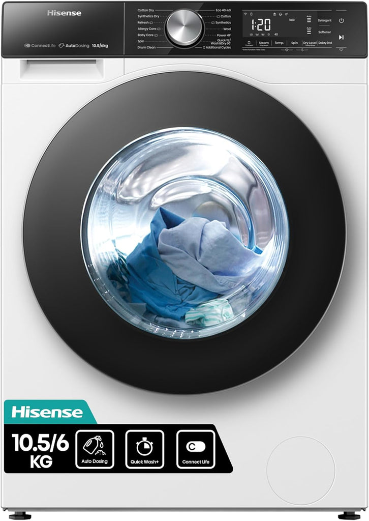 Hisense WDQA8014EVJM 60Cm Freestanding 8 KG Front Load Washer Dryer - 1400 RPM - Pure Steam - Purejet - Pause and Add - Inverter Motor - White