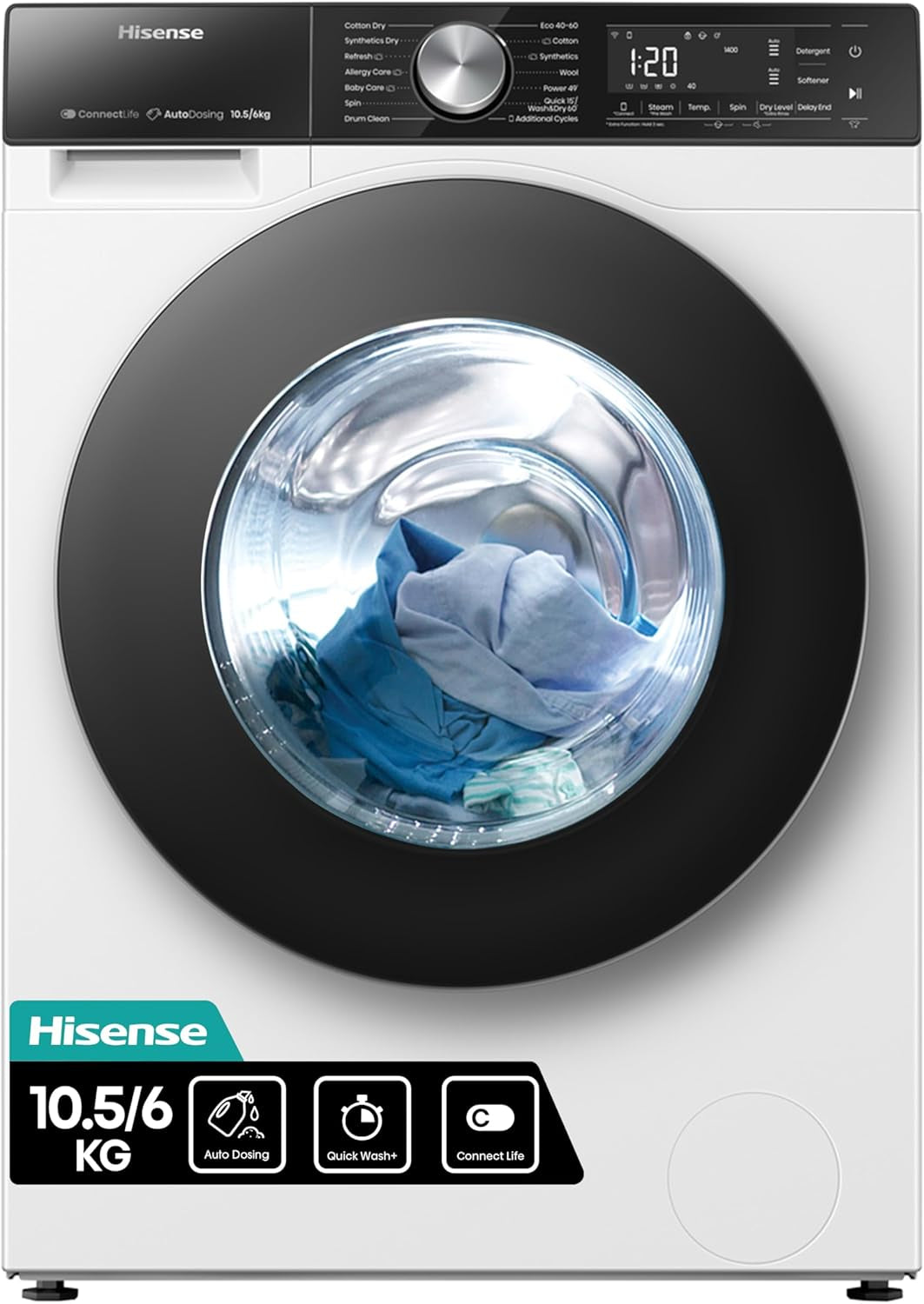 Hisense WDQA8014EVJM 60Cm Freestanding 8 KG Front Load Washer Dryer - 1400 RPM - Pure Steam - Purejet - Pause and Add - Inverter Motor - White