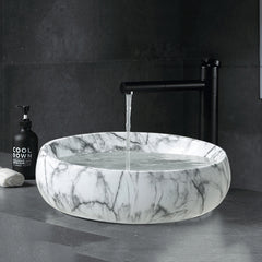 White Ceramic Bathroom Vanity Wash Basin Sink Countertop Oval Marble Effect Bowl With Stainless Steel Drainer Kit, Hand Wash Basin, Classic Design White Marble Effect Oval Sink for Bathroom Lavatory, Hotel Vanity Unit, 48x34x14.5cm, Only Basin