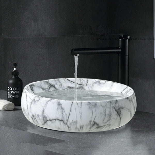 White Ceramic Bathroom Vanity Wash Basin Sink Countertop Oval Marble Effect Bowl With Stainless Steel Drainer Kit, Hand Wash Basin, Classic Design White Marble Effect Oval Sink for Bathroom Lavatory, Hotel Vanity Unit, 48x34x14.5cm, Only Basin