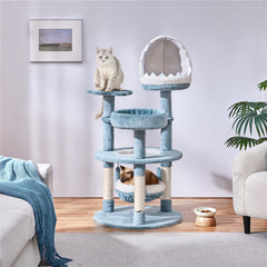 115cm Cat Tree, Tall Ocean-themed Cat Tree, Multi-Level Cat Climbing Tree, Plush Cat Tower with 3 Sisal Scratching Posts, Round Entrance, 3 Perches, Hammock, Cat Tower for Small- to Medium-sized Cats Blue / White