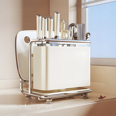 1pc Cream Kitchen Utensil Storage Rack with Drainage Tray, Multifunctional Cutlery Slots for Spoon, Knife, Fork, Shovel, Knives, Chopsticks, Chopping Boards, Pot Lids and More, Durable Structure, Compact Countertop Design, Versatile Kitchen Organizer, Des