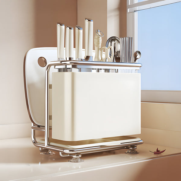 1pc Multifunctional Knife Rack with Draining Tray, Integrated Storage Rack for Cutlery, Countertop Kitchen Organizer for Knives, Chopsticks, Cutting Boards, Utensils, Chopping Boards, Pot Lids & More, Durable Space-Saving Kitchen Storage Holder, Heavy-Dut
