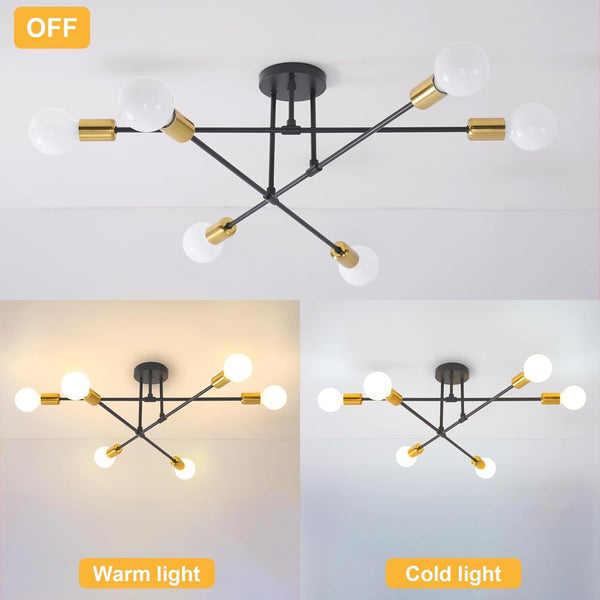 6-Light Modern Gold Sputnik Chandelier, Industrial Semi Flush Mount Ceiling Light Fixture, E27 Hardwired Metal Lamp for Living Room Dining Room