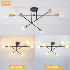 6-Light Modern Gold Sputnik Chandelier, Industrial Semi Flush Mount Ceiling Light Fixture, E27 Hardwired Metal Lamp for Living Room Dining Room