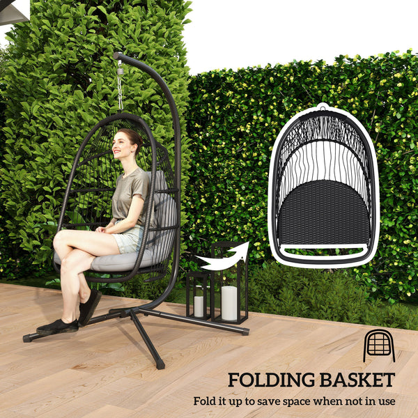 Rattan Hanging Egg Chair with Stand, Foldable Wicker Swing Egg Chair with Cushion, Head Pillow, Steel Frame, Hammock Chair for Indoor Outdoor, Capacity 150 kg, Dark Grey