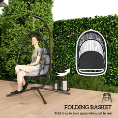 Rattan Hanging Egg Chair with Stand, Foldable Wicker Swing Egg Chair with Cushion, Head Pillow, Steel Frame, Hammock Chair for Indoor Outdoor, Capacity 150 kg, Dark Grey