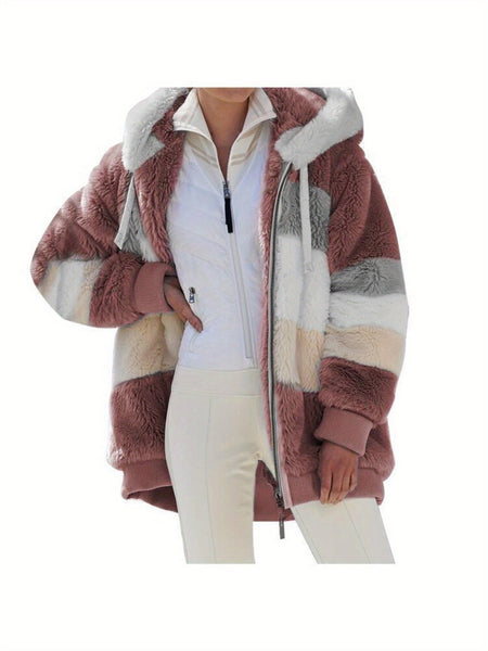 Women's 2025 Autumn Winter Warm Patchwork Hooded Coat - Zip Pockets Loose Fit Oversized Casual Outerwear