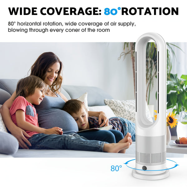 Bladeless Tower Fan for Bedroom Home Office, Quiet Oscillating Cooling Fan with Remote Control, 8 Speeds Pedestal Fan, 80° Wide Angle Air Circulator, 8H Timer LED Display, Safe for Kids And Pets