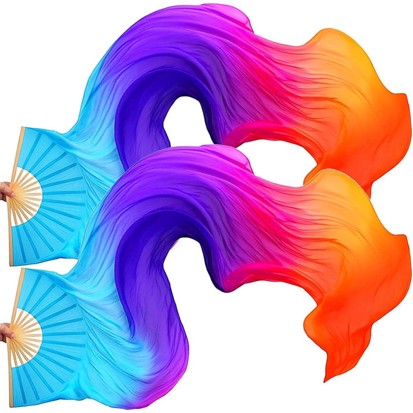 2pcs Women Belly Dance Fans Dancing Fans Colorful 180Cm Long Streamers Veil Fan Chinese Bamboo Foldable Fan for Dancing Performances