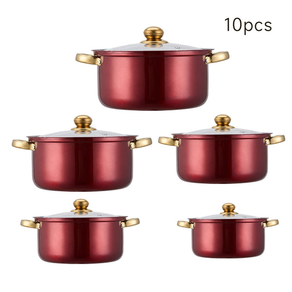 10PCS Multifunctional Stainless Steel Soup Pot Set, Milk Pot for Daily Kitchen Cooking, Hot Pot and Instant Noodles, Sturdy Gold-Plated Handles, Red