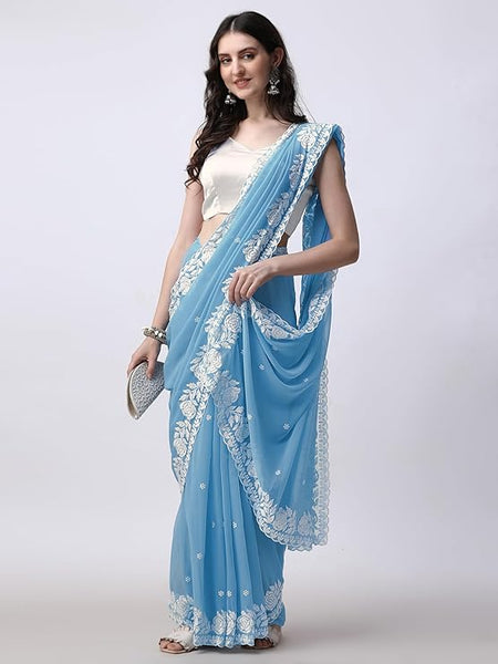 Estationeryhouse Women's Georgette Embroidery Border Work Designer Saree with Blouse Piece