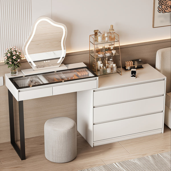 Corner Vanity Desk With Mirror And LED Lights - White Makeup Vanity Table With Clear Glass Top Jewelry Storage Rack And 5 Drawers