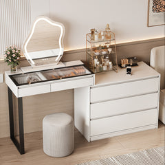 Corner Vanity Desk With Mirror And LED Lights - White Makeup Vanity Table With Clear Glass Top Jewelry Storage Rack And 5 Drawers