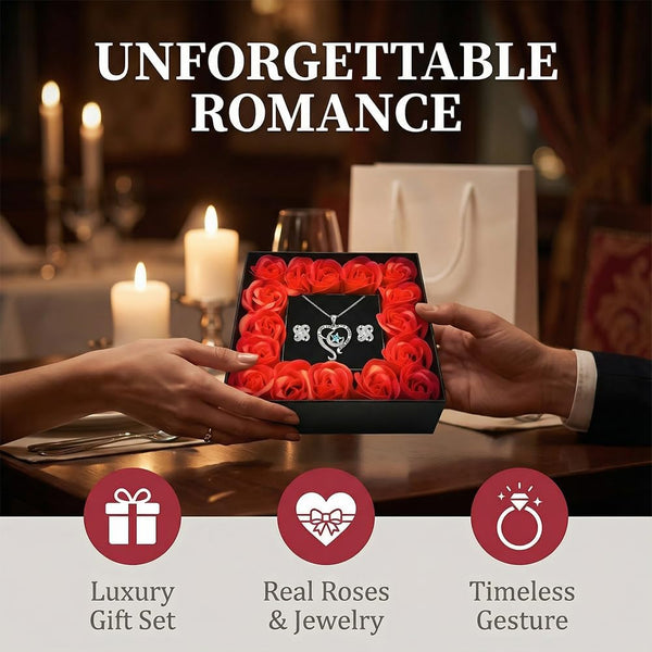 Eternal Flowers Rose Gift Box, Love You Necklace and Earring, Gifts for Women Mum Her, Artificial Rose Flowers for Women Girls for Birthday, Valentines Day, Christmas Silvery