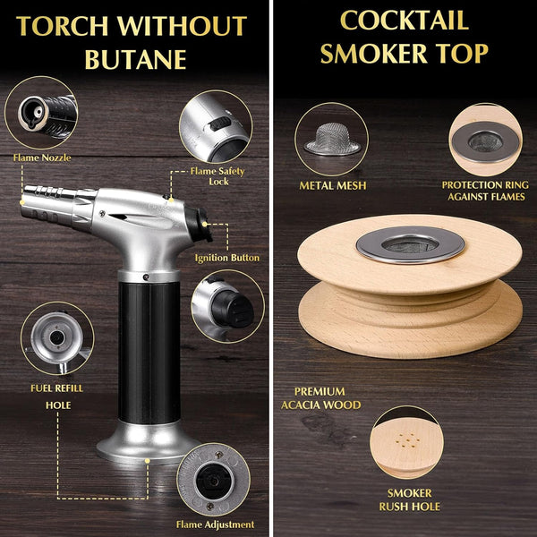 CWLAKON Cocktail Smoker Kit with Torch, Bourbon Whiskey Smoker Infuser Kit, 6 Flavors Wood Chips, 2 Glasses, Old Fashioned Drink Smoker Kit, Christmas Birthday Gifts for Men, Dad, Husband(No Butane)