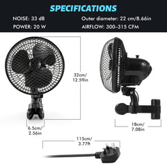 2pcs Plant Tent Clip-On Fan, Featuring a Newly Designed Long-Life EC Motor, Dual-Speed Adjustable Fan, 90° Rotation, 22Cm Diameter, Ideal for Hydroponic Systems And Circulation Cooling in Grow Rooms