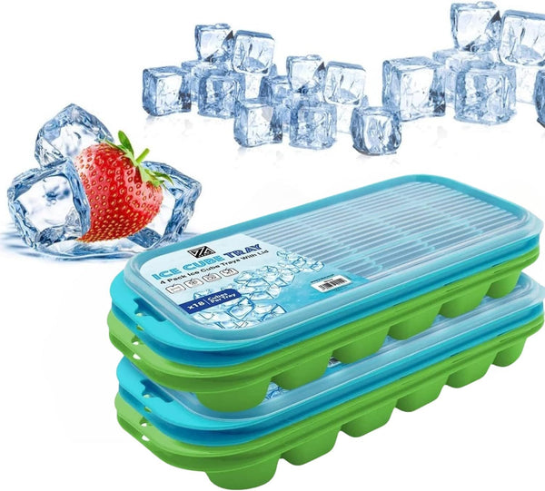 4 x Set of Ice Cube Tray with Lid Jelly Maker Ice Cube Tray | Non-Spill Stackable Lids - Ice Mould Dishwasher Safe BPA Free- 25.5cm Long, 11.5cm Wide, and 3cm deep