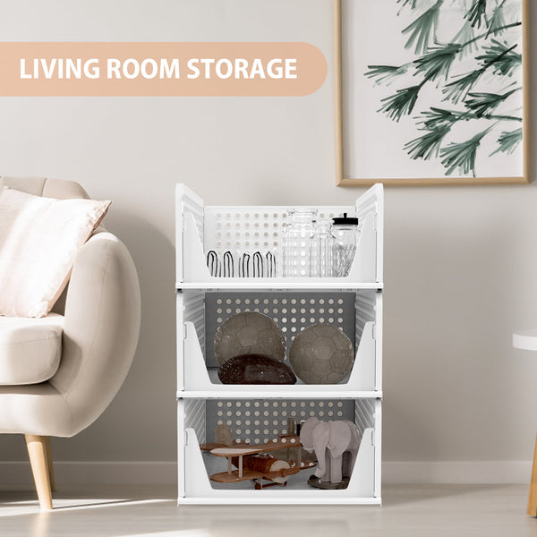 Set of 4 Stackable Foldable Wardrobe Storage Box Organizer, Plastic White Wardrobe Shelves Closet Organiser Box, Pull Out Like a Drawer, Suitable for Home, Bedroom, Kitchen (Easy Open and Folding)