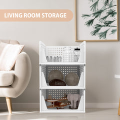 Set of 4 Stackable Foldable Wardrobe Storage Box Organizer, Plastic White Wardrobe Shelves Closet Organiser Box, Pull Out Like a Drawer, Suitable for Home, Bedroom, Kitchen (Easy Open and Folding)
