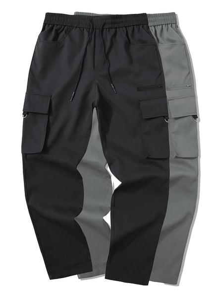 Men's 2pcs Cargo Pants with Drawstring Waist and Multiple Pockets, Suitable for Outdoor Casual Wear