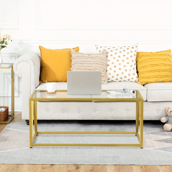 Modern Glass Coffee Table with Golden Frame - Minimalist Tempered Glass Top Center Table Suitable for Living Room, Easy Assembly, Sturdy Metal Frame & Glass, Sofa Side Tea Table
