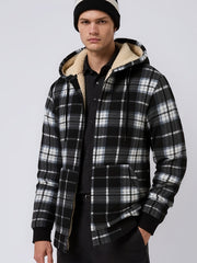 Men's Heavyweight -Lined Hooded Jacket - Full-Zip Plaid Thickened Shirt with Pockets and Adjustable Drawstring, Comfortable and Warm for Autumn and Winter