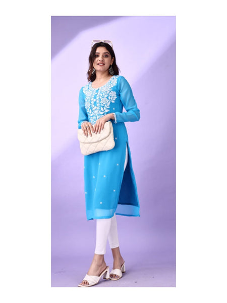 Estationeryhouse Women's Georgette Lucknowi chikankari kurti, Rose Design with Heavy Embroidery, Without Bottom