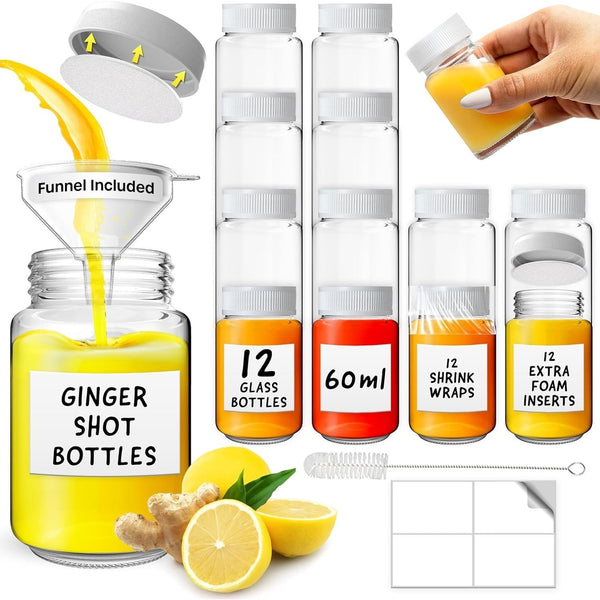 Shot Bottles with Lids - Reusable Glass Shot Bottles with Lids, Funnel, Labels, Shrink Wrap, Cleaning Brush and Extra Foam Insert - Portable and Leakproof